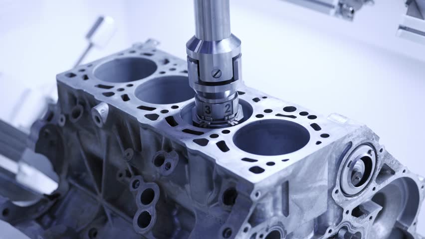 Precision cnc milling machine processing engine block in workshop.