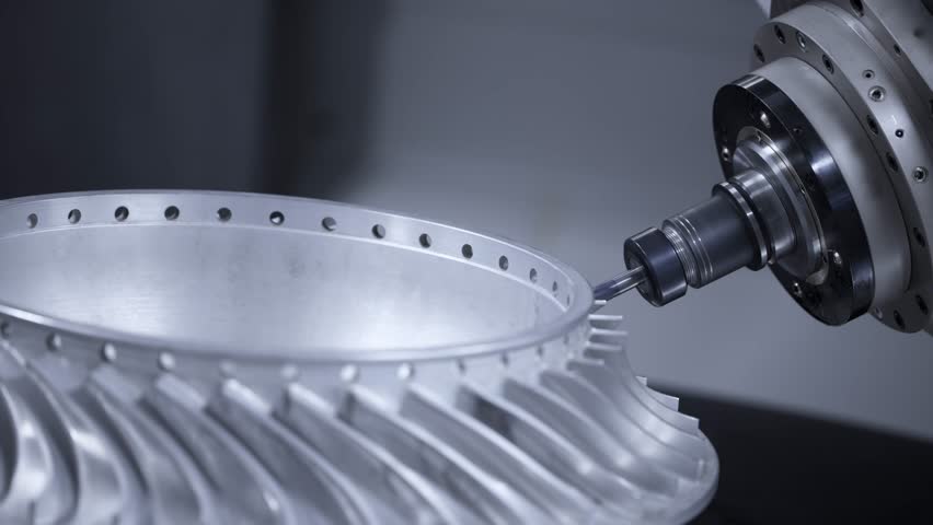 CNC turning drill milling factory processes steel turbine part process. Metal machine tools industry