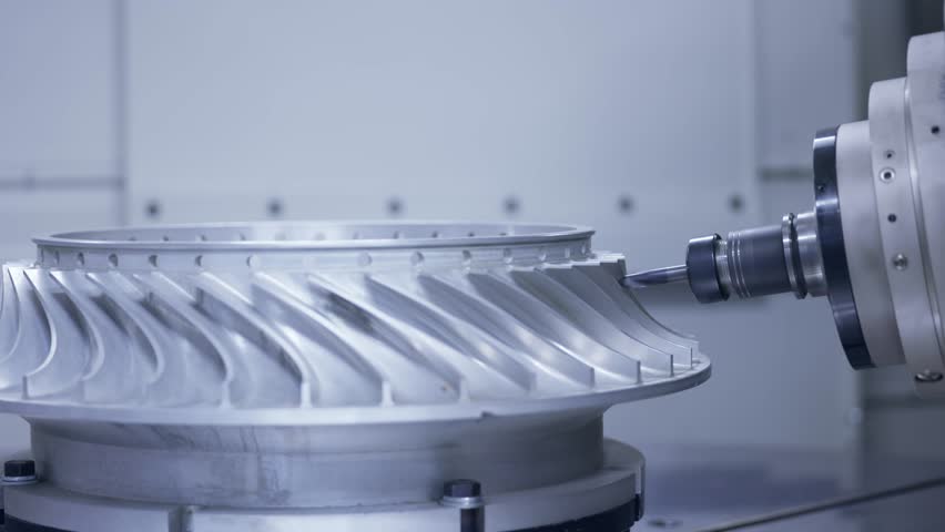 Cnc milling machine crafting detailed metal turbine wheel with blade in industrial setting.