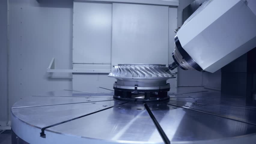 CNC turning drill milling factory processes steel turbine part process. Metal machine tools industry