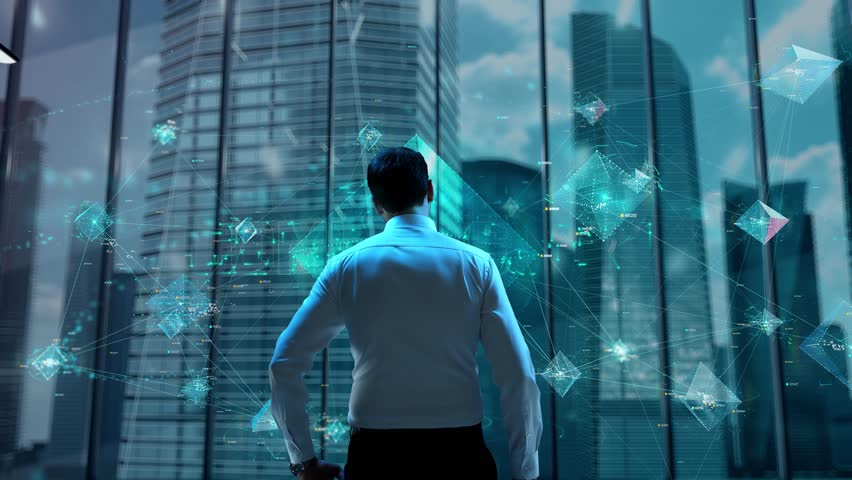 COMING SOON. Businessman Working in Office among Skyscrapers. Hologram Concept