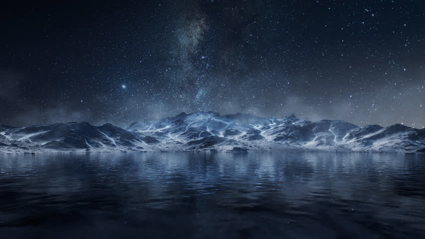 Lake and snow mountains at night, 3d rendering. Motion graphic.