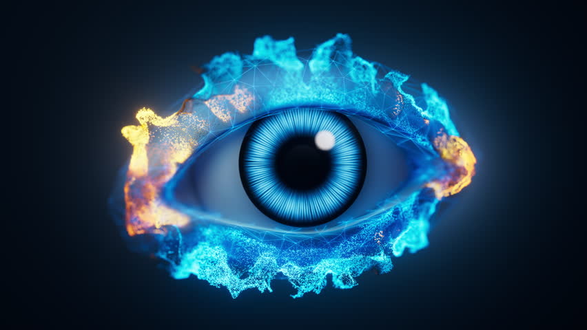 An eye in the dark with vfx particles, 3d rendering. Motion graphic.