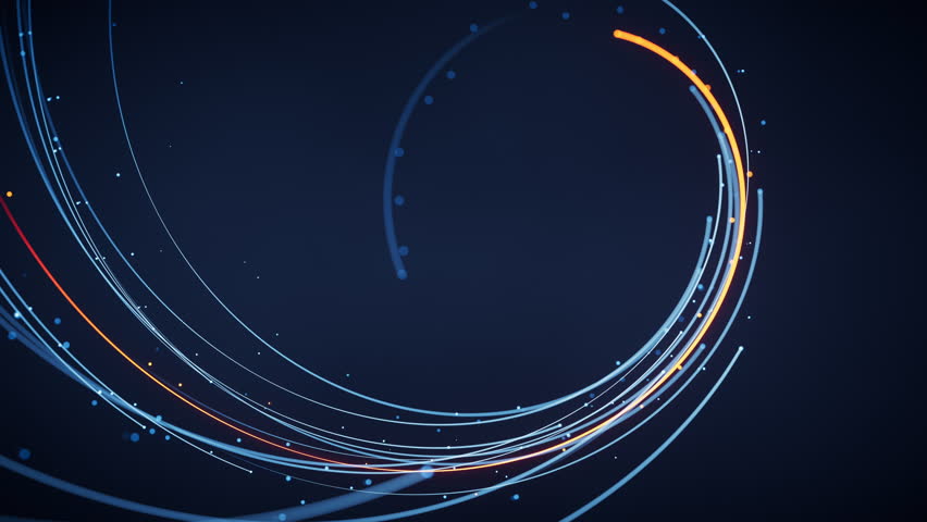 Rotating glowing vortex lines and particles background, 3d rendering. Motion graphic.