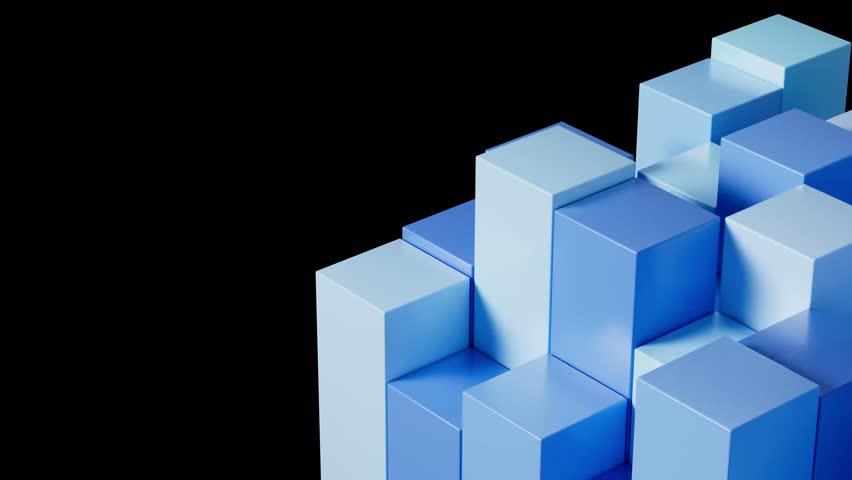 Professional 4k seamless loop of a 3D abstract bar chart with blue data blocks. High-tech corporate motion background for finance, data analytics, and business presentations