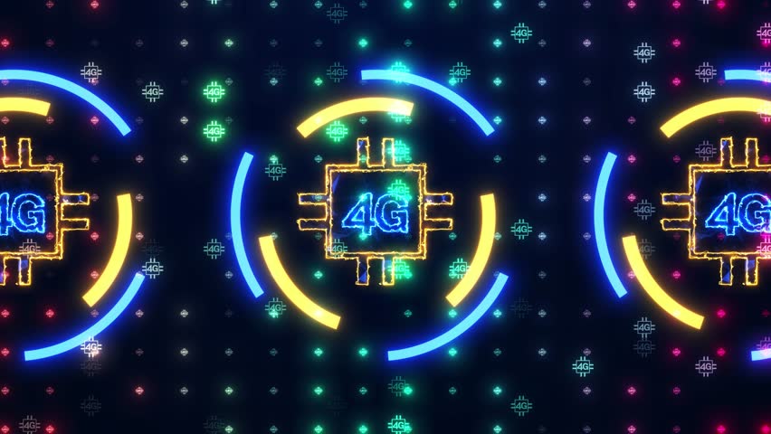 4G Technology Network Animation Background.HighSpeed 4G Mobile Internet and Wireless Data Transfer Concept.Digital Data Flow with 4G Icons,Abstract Glowing Neon 4G Technology Network Pattern Backgroun