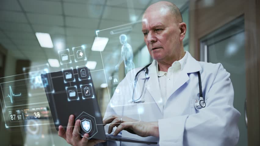 A male doctor uses a laptop with advanced AI and digital interface to analyze health data and plan patient treatment.