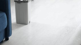 The mop slides across the white wooden floor against the background of a gray bucket. Professional mop for home cleaning. General cleaning. The concept of home cleaning. A clean house - Powered by Shutterstock - Get 15% off with code: PIKWIZARD15