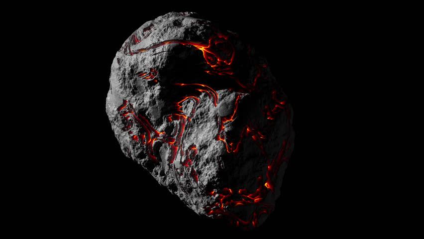 Looping 3D animation of a space alien asteroid rotation. Fiery red lava flows across the destroyed surface of the asteroid. Cyclic slow rotation of an object in space. File with Alpha Channel.