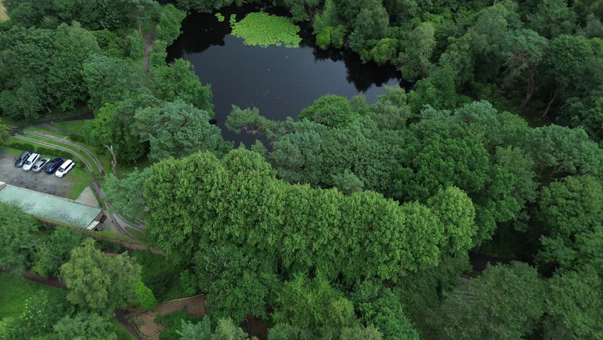 Angled aerial view of pond drone flight in low sunlight with surrounding trees and buildings.
