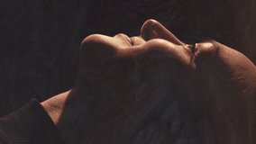 Vertical video. Universe silhouette. Cosmic inspiration. Profile double exposure outline of daydreaming relaxed woman face smiling on dark glitter smoke swirl night stars sky. - Powered by Shutterstock - Get 15% off with code: PIKWIZARD15