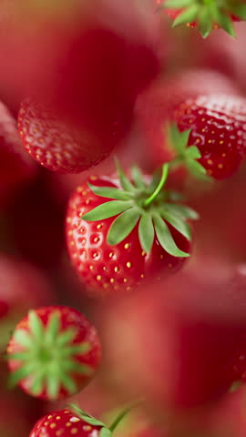 Animation of a group of strawberry. Many strawberry slowly rotate in the background in space. Vertical composition. Defocus. Close-up.