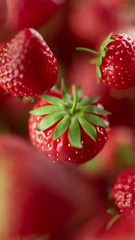 Animation of a group of strawberry. Many strawberry slowly rotate in the background in space. Vertical composition. Defocus. Close-up.