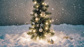 Christmas gold decorations on snow with fir tree branches and christmas lights. Winter Decoration Background - Powered by Shutterstock - Get 15% off with code: PIKWIZARD15