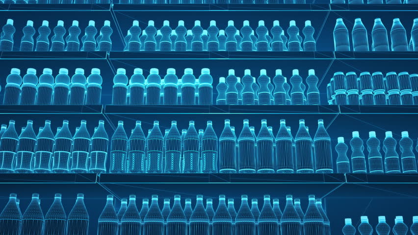 Wireframe 3D lineup of artificial sweetener drinks in cans and bottles, shot head-on with technical rhythm and futuristic color tones
