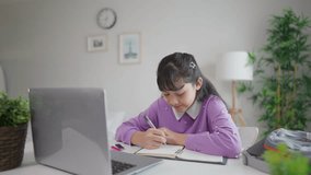 Asian young girl student learning online class with teacher at home. Adorable little schoolgirl using digital laptop computer study courses from school tutor by virtual remote online in living room. - Powered by Shutterstock - Get 15% off with code: PIKWIZARD15