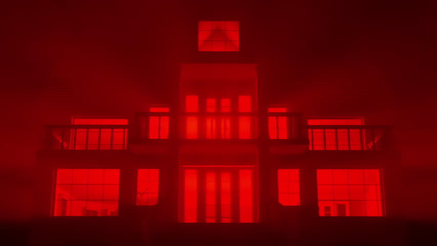 3D front view of an eerie red house with harsh lighting and decayed details, ideal for horror visuals or spooky cinematic intros