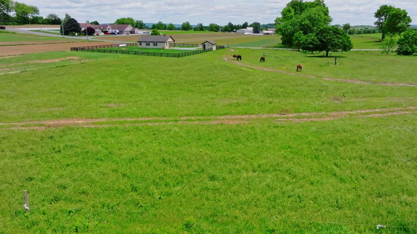 Aerial shot of a picturesque Amish farm with horses grazing, in rural Pennsylvania with green fields and blue sky atmospheric lighting captivating scenes vibrant colors rich detail