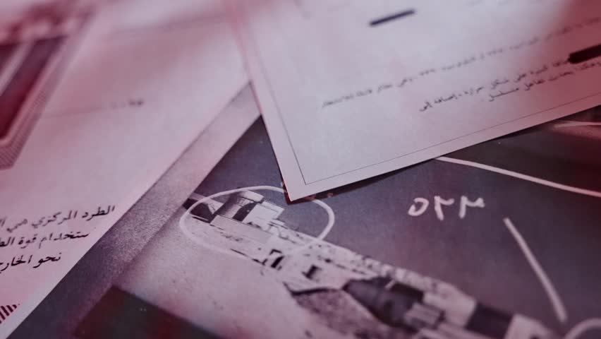 Various classified looking documents and files with military style text photos and censored information spread out on desk. Passing over top secret dark plans and blueprints in Arabic language