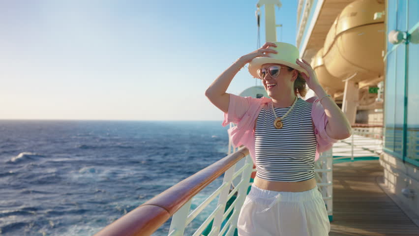 A stylish woman leisurely strolls on the sunlit deck of a magnificent cruise ship, basking in warm sunlight and enjoying the refreshing ocean breeze, embracing the ultimate vacation vibe