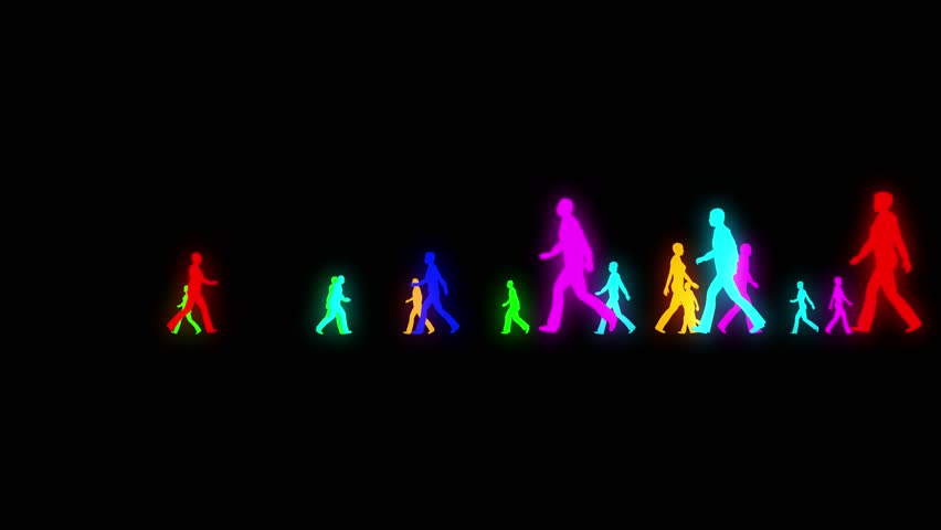Neon people crowd walk on black bg 4k. 3D Illustration