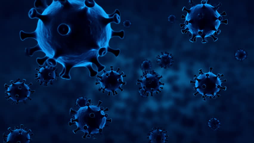 3D animation of floating virus particles under microscope view, representing infection, pandemic, medical research, or biological threat visuals.
