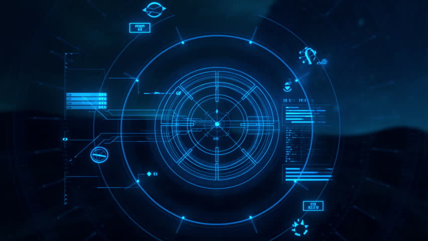 High-tech animated radar interface with glowing blue rings scanning outward. Perfect for military, sci-fi, tracking systems, and cyber defense visuals.
