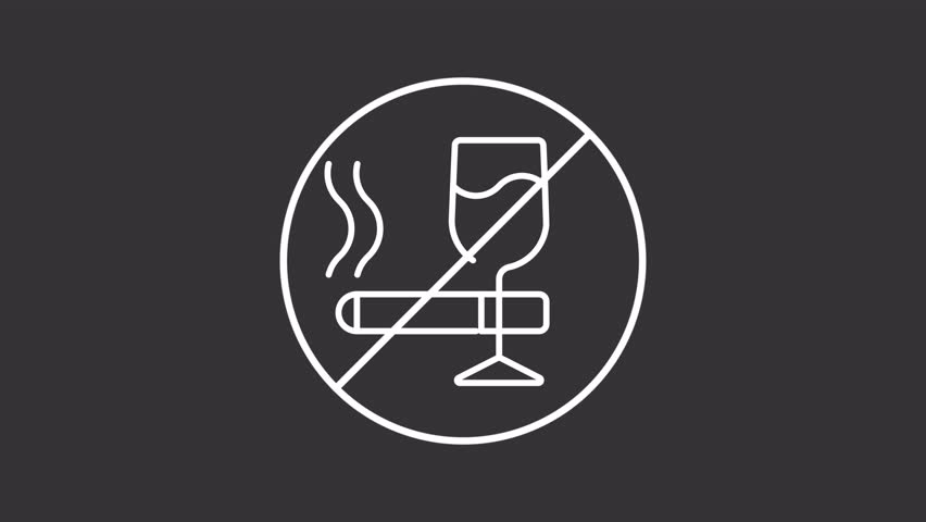 No alcohol and cigarettes white line animation. Avoid alcoholic drinks and nicotine animated icon. Healthy lifestyle routine. Self care. Isolated element on dark background. Alpha transparent video