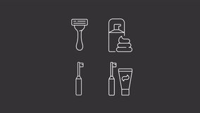Animated personal hygiene supplies white line icons. Morning routine style animation set. Regular body and skin care. Everyday life. Isolated elements on dark background. Alpha channel HD video - Powered by Shutterstock - Get 15% off with code: PIKWIZARD15