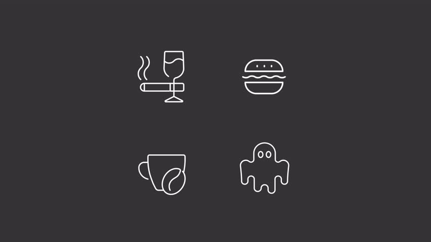 Avoid bad habits animation set. Taking care for physical and mental health animated white line icons. Stop dangerous activities. Isolated elements on dark background. Alpha channel HD video