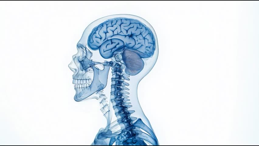 Detailed 3D Medical Illustration of Human Skull, Brain, and Spine in Lateral View with Transparent Anatomical Layers