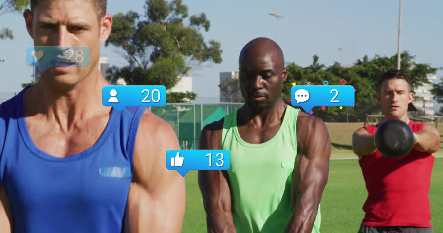 Three men swinging kettlebells on cue in fitness with icons showing social media engagement. Strength, workout, personnel, fitness, outdoor, athletic, motivation