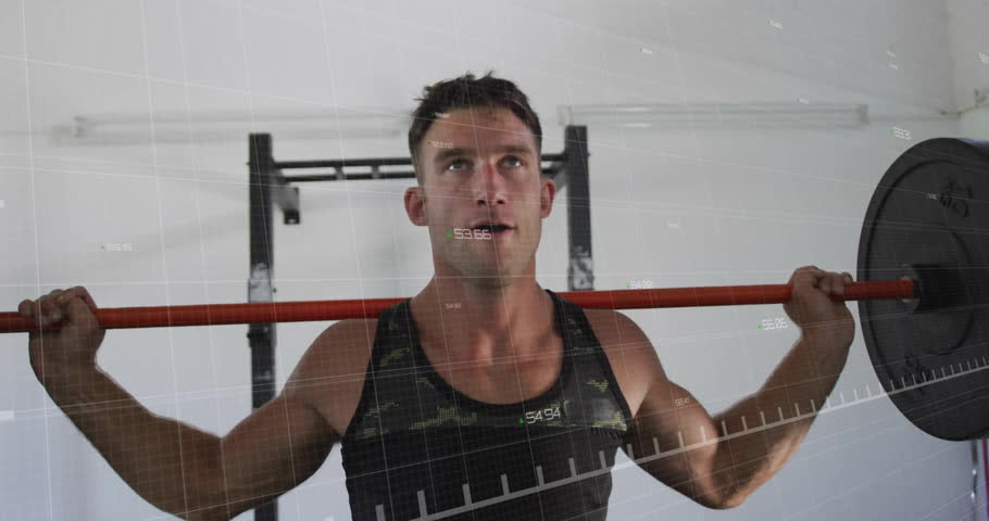 Lifter positioning under bar in gym pressing overhead hinging hips for next lift with data graph. Strength, fitness, workout, training, athleticism, discipline, determination