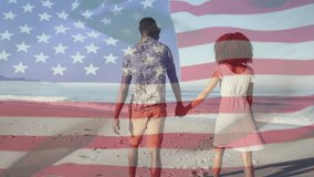 Couple walking hand in hand on beach, showcasing business branding as flag overlay dissolving. Patriotism, serenity, leisure, vacation, outdoors, harmony, simplicity - Powered by Shutterstock - Get 15% off with code: PIKWIZARD15