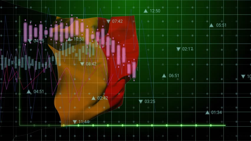 Upon start 3D surface undulating and candlestick bars sliding while trend line tracing market trend. Data, analysis, visualization, technology, charting, finance, abstract
