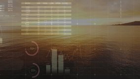 Sunset sea initiating translucent financial overlay animating data charts and maps visualizing data. Seascape, analytics, data visualization, financial graphs, sunset lighting, digital interface, - Powered by Shutterstock - Get 15% off with code: PIKWIZARD15