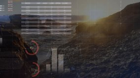 Data table appearing at sunset initiating gauges dropping, % labels fading, pie charts showing data. Analytics, visualization, finance, modern, dashboard, technology, abstract - Powered by Shutterstock - Get 15% off with code: PIKWIZARD15