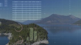 On table fading in forest peninsula with analytics overlays sliding updating charts showing trends. Nature, geometry, technology, visualization, environment, data, insights - Powered by Shutterstock - Get 15% off with code: PIKWIZARD15