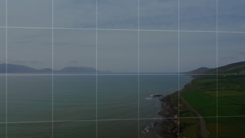 Coastal aerial shot launching grid overlay, bars rising, map forming, lines drawing data trends. Landscape, data, visualization, analytics, technology, digital, infographic - Powered by Shutterstock - Get 15% off with code: PIKWIZARD15