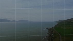 Coastal aerial shot launching grid overlay, bars rising, map forming, lines drawing data trends. Landscape, data, visualization, analytics, technology, digital, infographic - Powered by Shutterstock - Get 15% off with code: PIKWIZARD15