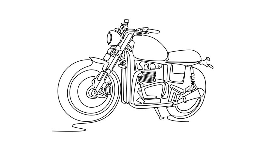 Self drawing animation of single line draw custom bobber motorbike standing in an authentic creative workshop. Vintage style motorcycle in modern citizen garage. Continuous line. Full length animated