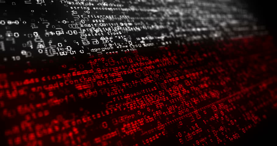 Poland flag waving secure code. Polish blowing banner cyber security attack and hack concept animation.