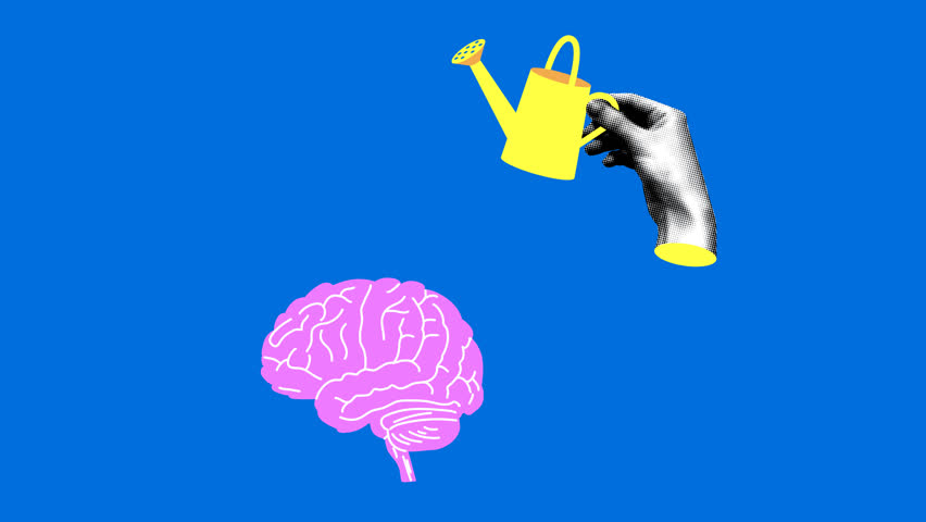 Knowledge concept. Modern collage with halftone hand waters the brain from a watering can. Plant grows from the brain. Mental health concept. Animation