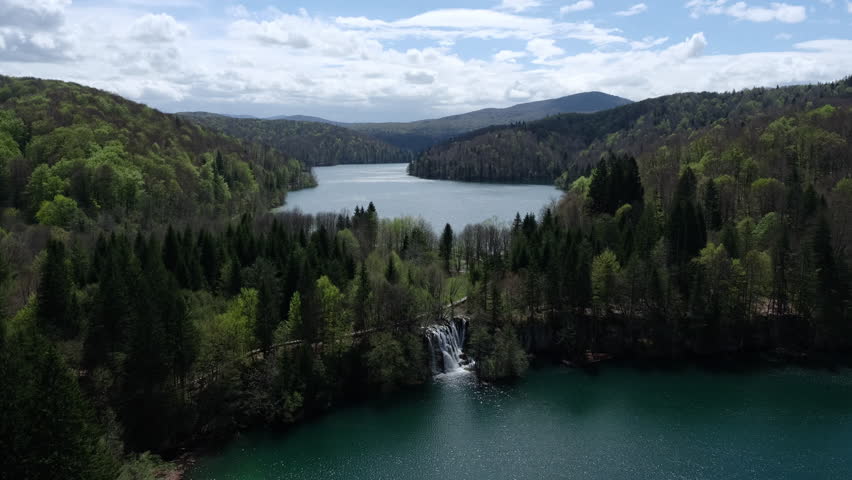 View of Two Lakes and Waterfall in Plitvice Lakes National Park, Croatia