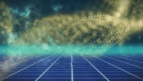 Cluster emerging on right forming golden ribbon wave undulating across retro grid mirroring haze. Futuristic, abstract, vibrant, dynamic, technology, digital art, holographic - Powered by Shutterstock - Get 15% off with code: PIKWIZARD15