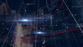 Gloved hand entering view with angle grinder, sending sparks as scan visualizing analysis data. Industrial, craftsmanship, technology, analytics, digitalinterface, manufacturing, precision - Powered by Shutterstock - Get 15% off with code: PIKWIZARD15