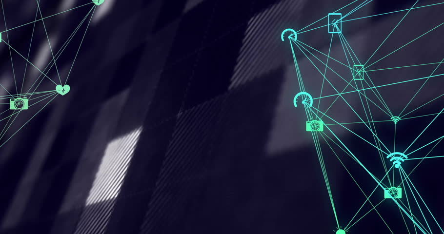 Dark grid sparking teal graph with icons forming on right while rotating globe visualizing links. Technology, connectivity, visualization, digital, innovation, network, futuristic