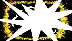 Comic-style cartoon explosion on black screen. 2D blast with fire and smoke in 4K with alpha. Simple visual effect for fun transitions and edits. - Powered by Shutterstock - Get 15% off with code: PIKWIZARD15