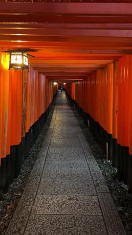 Pathway through vibrant orange torii gates at Fushimi Inari-taisha Shrine in Kyoto, Japan. A person walks in the distance, adding scale to the long, illuminated tunnel.