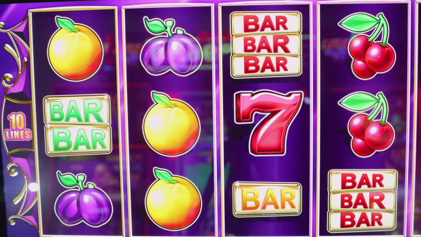 Casino slot machine screen with colorful fruit symbols like lemons, plums, oranges, cherries and diamonds, stars and red lucky number seven